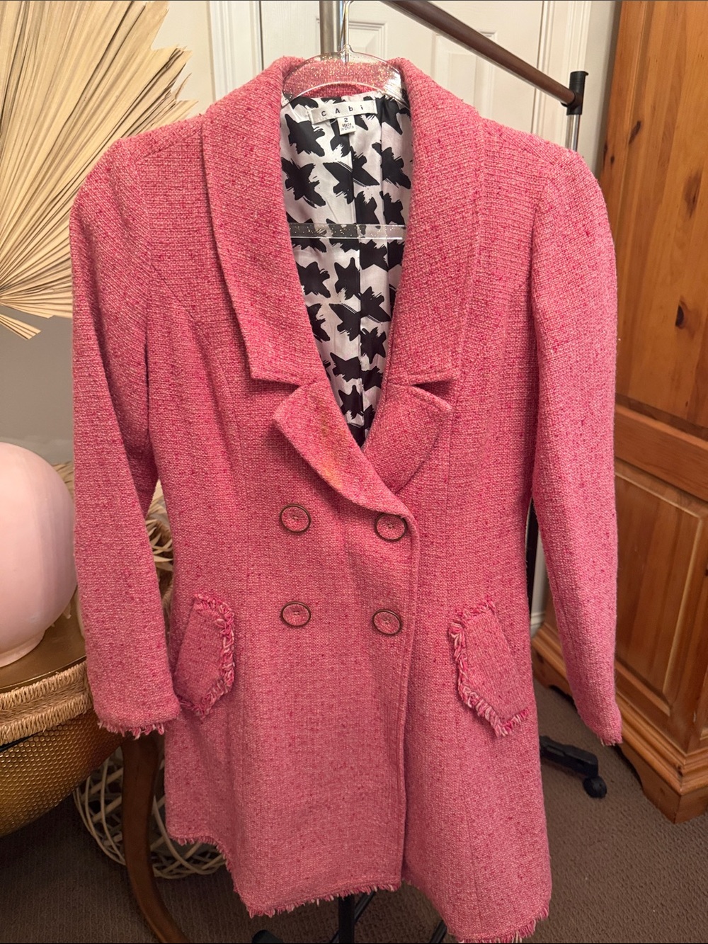 CAbi Pink Tweed Double-Breasted Blazer Coat